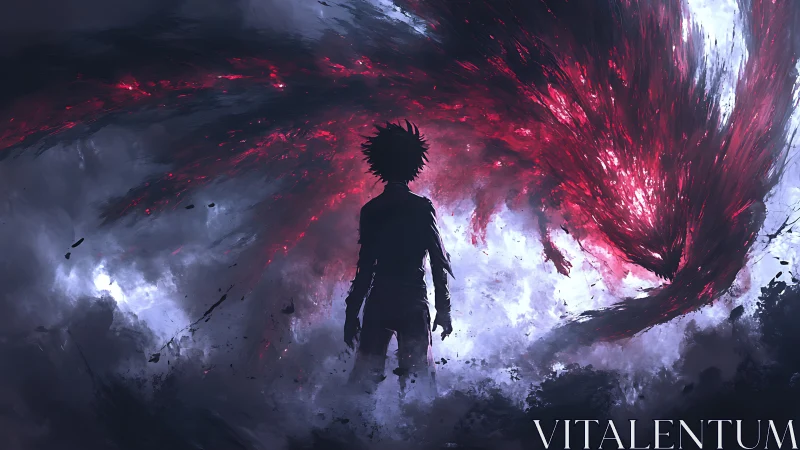 Shadowlit wanderer negotiates with a crimson cosmic storm