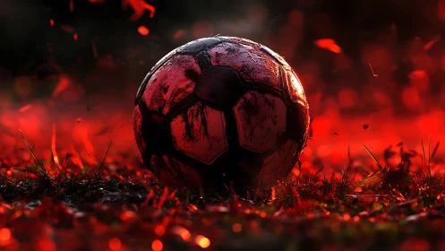Weathered soccer ball on wet grass in red backlighting.