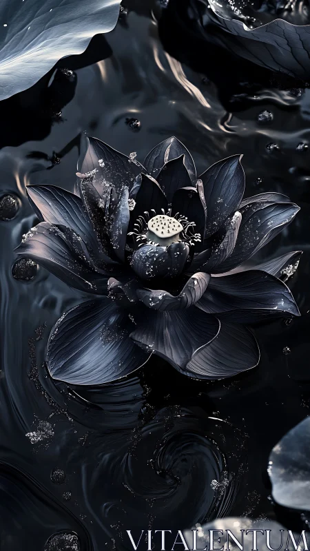 Midnight lotus blooming over ink-dark, moonlit water.