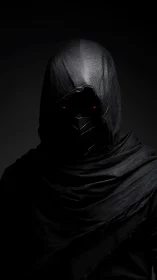 Shadowed wanderer with ember eyes in quiet darkness.