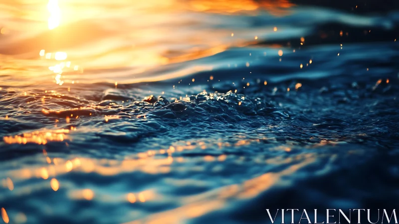 Sunlit wave surface captures dynamic golden-hour reflections