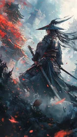 Storm-lit ronin strides through emberfall temple ruins.