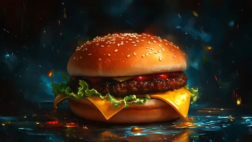 Starlit sesame burger dreaming in neon-touched midnight hues.