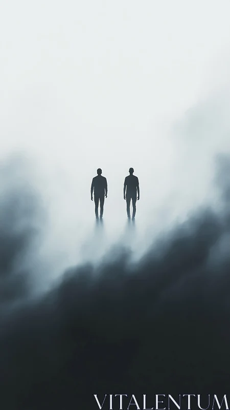Bilateral human silhouettes suspended in atmospheric fog field.