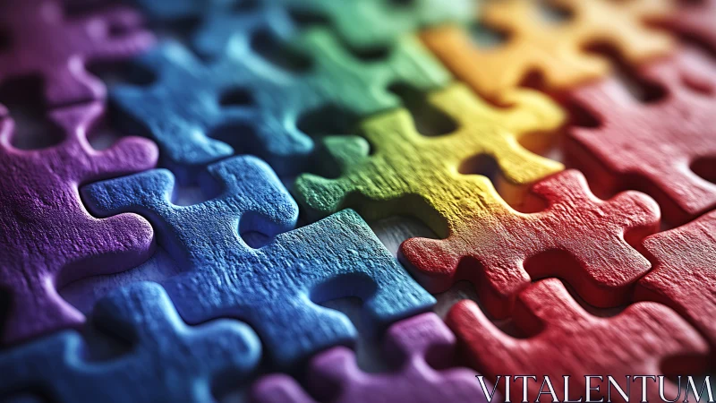 Multicolored interlocking jigsaw puzzle pieces in close view.