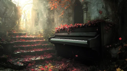 Abandoned upright piano stands in overgrown stone ruins