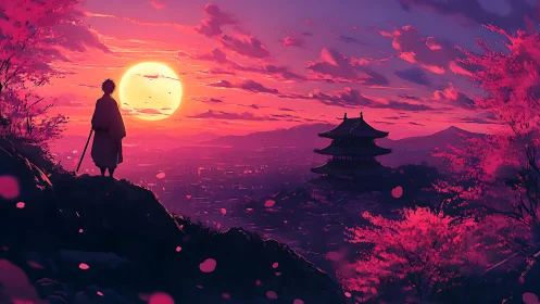 Warm sunset quiets a lone wanderer above a pink cityscape.