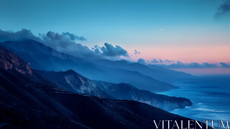 Soft twilight settles over peaceful coastal mountain waves