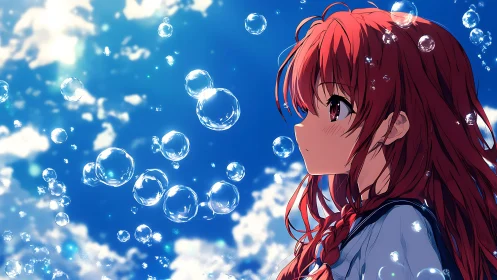 Daydreaming girl adrift in sky-bright bubbles and sunlight.