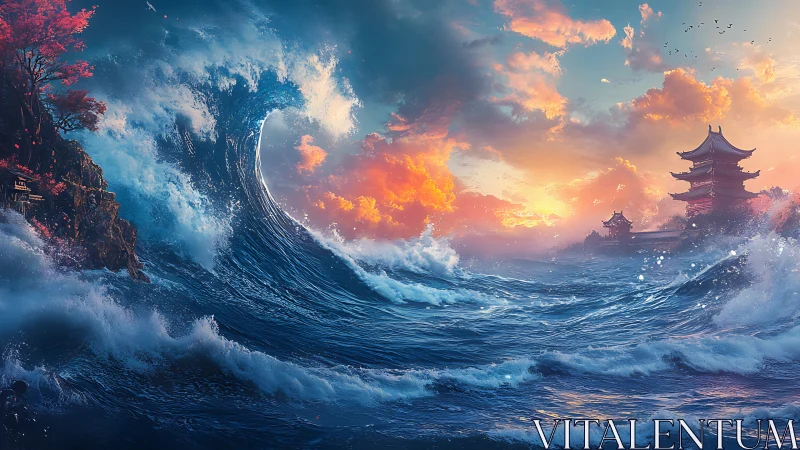 Towering ocean wave crowns a serene sunset temple seascape
