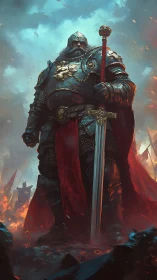 Armored warrior stands with sword amid smoke and embers
