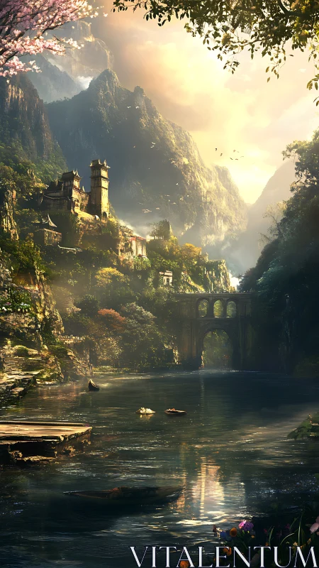 Sunlit river winding beneath a dreamy mountain citadel.