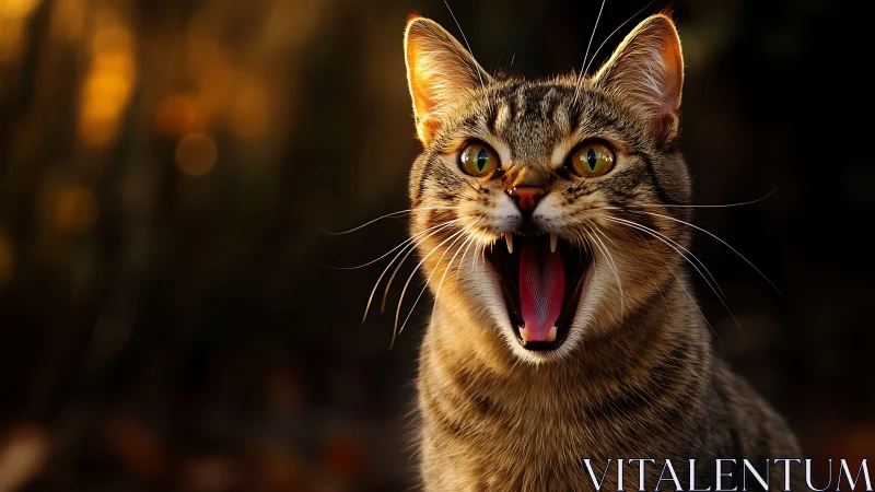 Tabby Cat with Bared Fangs and Piercing Amber Eyes.