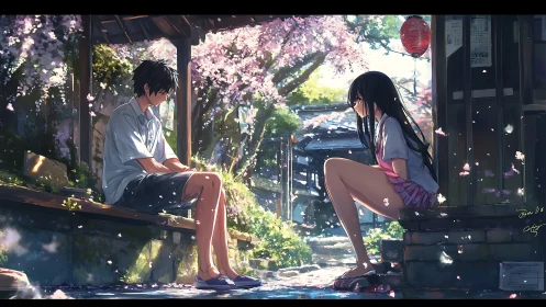 Two quiet teens share a fragile moment under cherry blossoms