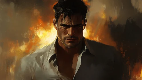 Man with torn shirt stands before intense flames and smoke