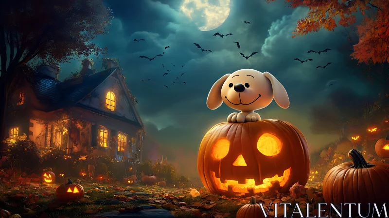 Halloween yard scene with Jack O Lantern and cartoon dog.