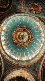 Radially symmetric turquoise mosque dome with dense gilded arabesques