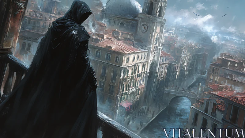 Cloaked observer surveys fog-laden Venetian canal cityscape at dusk