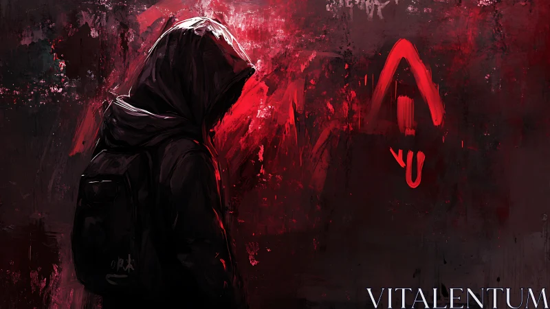 Hooded figure studies red graffiti under harsh chiaroscuro lighting