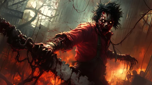 Haunting chainsaw figure strides through a fiery nightmare city.