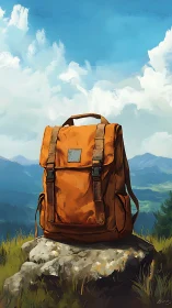 Orange hiking backpack crowns sunlit alpine rock ledge.