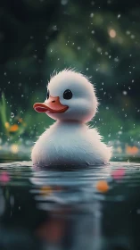 Soft-lit duckling portrait in shallow pond with bokeh rain