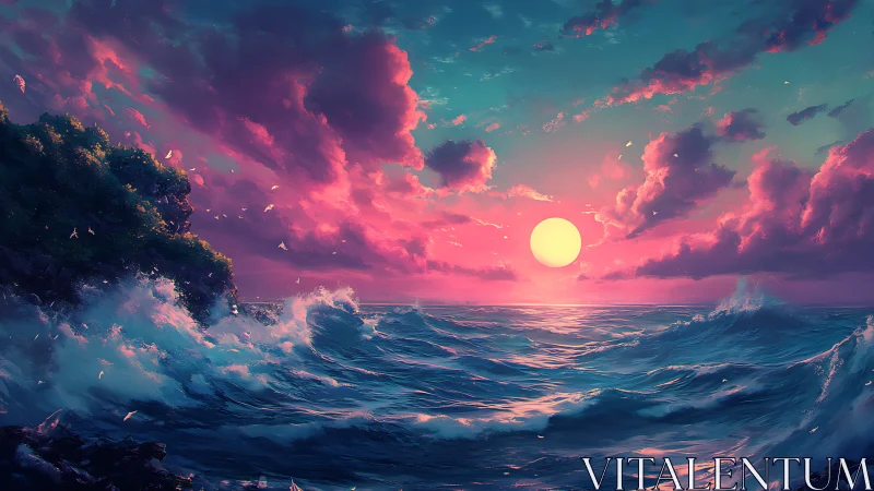 Neon tides serenade a cotton candy sunset over wild seas
