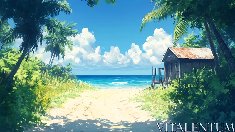 Tropical Coastal Refuge: Weathered Structure Among Lush Vegetation.