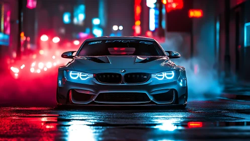 Neon street predator sedan slicing through electric fog.