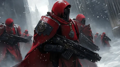 Red cloaked soldiers advance through snowy ruins.