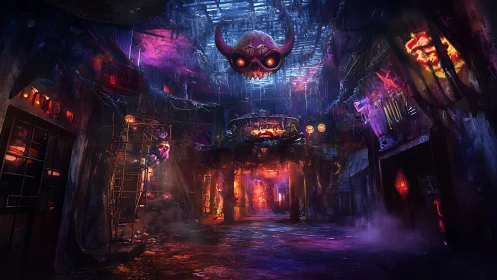 Demonic neon alley with suspended skull overlooking street.