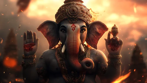 Elephant-headed deity figure stands in ornate regalia