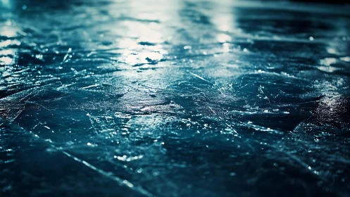 Close-up of scratched ice rink surface with dramatic lighting.