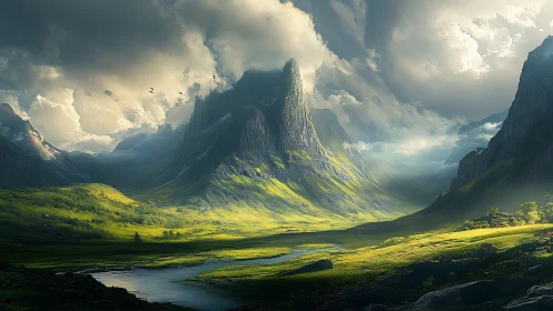 Sunlit valley encircles towering spire peaks under storm clouds