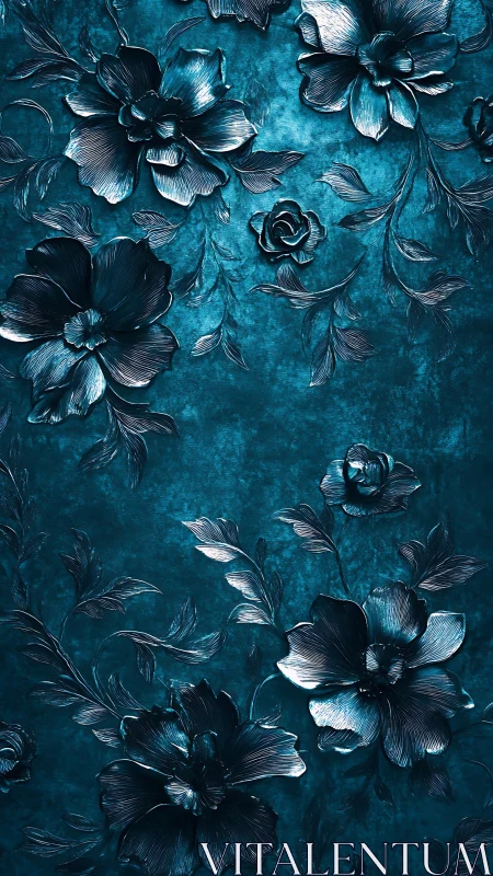 Metallic Blue Flowers on Textured Teal Background.