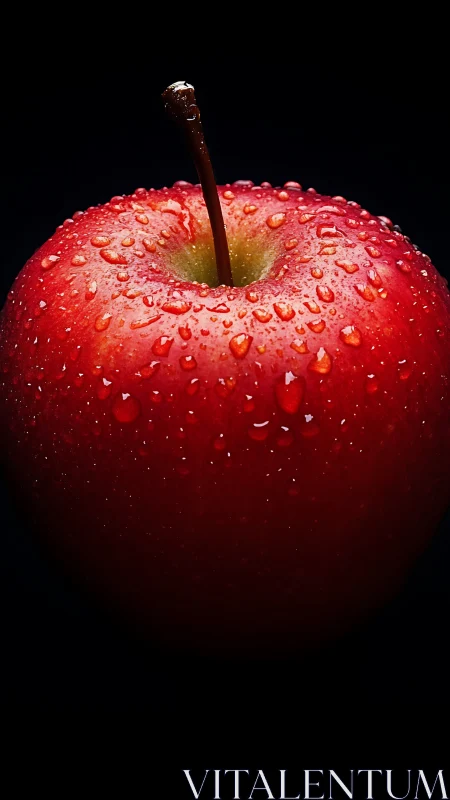 Macro red apple with water droplets on black low key background.
