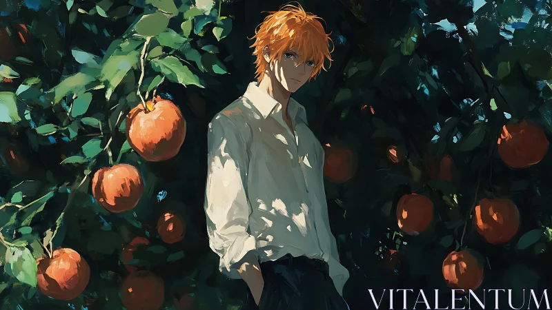 Ginger‑haired dreamer brooding beneath a twilight orchard canopy.