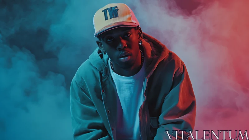 Moody streetwear dreamer in neon fog and cinematic haze.