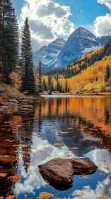 Alpine lake reflection with autumn aspens and glaciated peaks