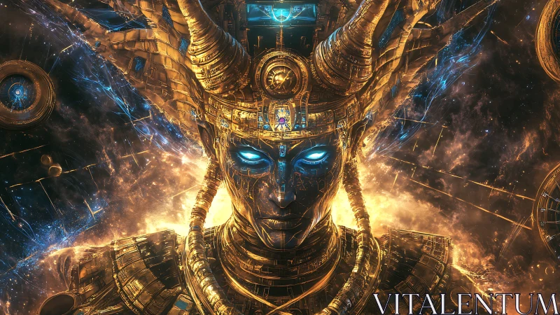 Golden cybernetic deity stands amid burning cosmic nebula