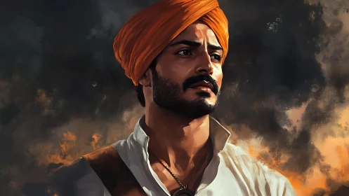 Strong-hearted man in orange turban gazes toward hope