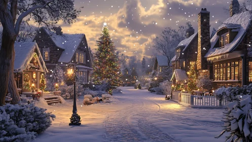 Snowy Christmas village street with glowing cottage lights.