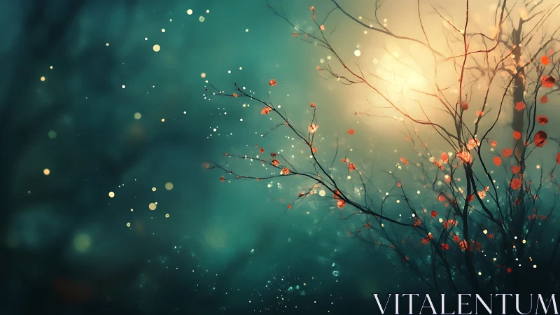 Glowing forest branches scatter red leaves through dreamy light