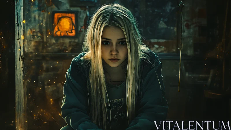 Moody cyberpunk portrait of blonde woman in dim urban interior.