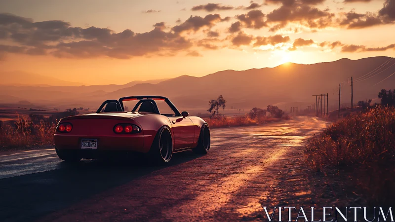 Red convertible meets a glowing country sunset highway