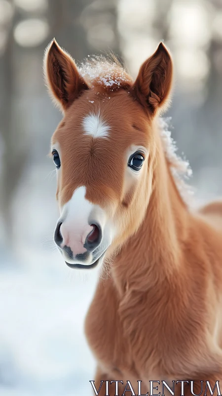 Chestnut foal portrait in snowy outdoor winter setting.