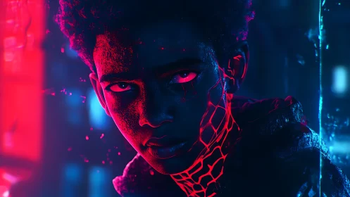Cybernetic teen portrait in neon blue and red light.