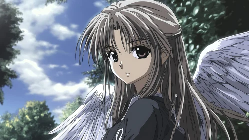 Winged anime girl gazes back in a quiet sunlit garden