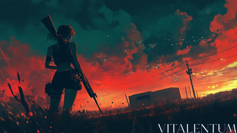 Sunset warrior gazes over a burning red horizon in silence