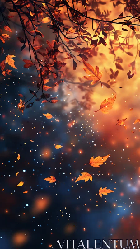 Autumn leaves drifting across glowing twilight sky.